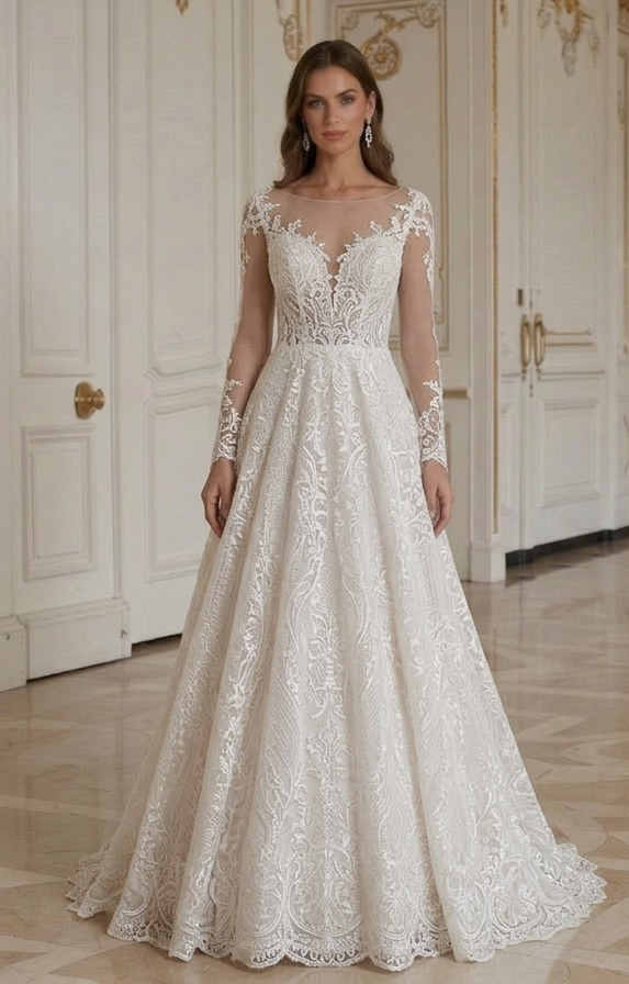 Rochie de mireasă din dantelă cu detaliu brodat din dantelă