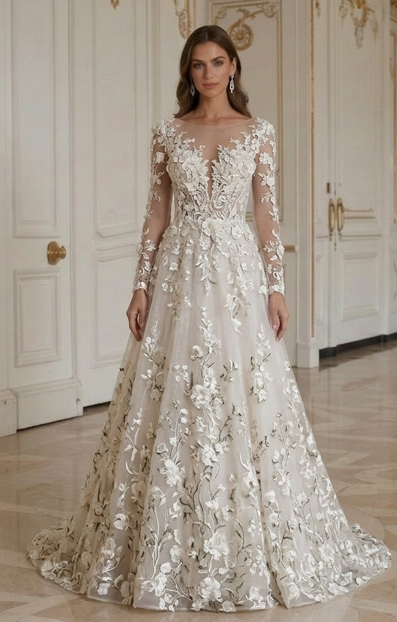 Rochie de mireasă din dantelă cu broderie florală