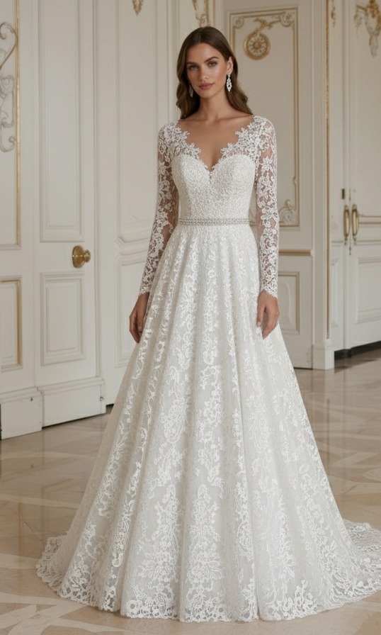 Rochie de mireasă din dantelă cu talie empire