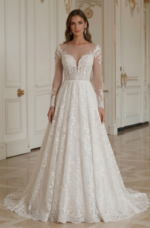 Rochie de mireasă din dantelă cu siluetă feminină