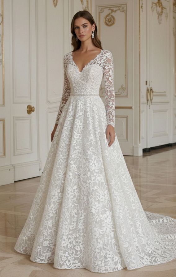 Rochie de mireasă din dantelă cu model floral din dantelă
