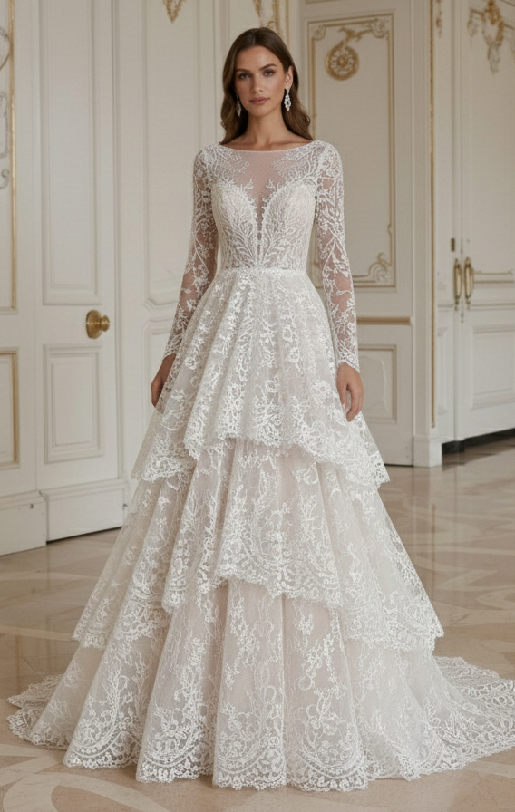 Rochie de mireasă din dantelă cu fustă fluidă din dantelă