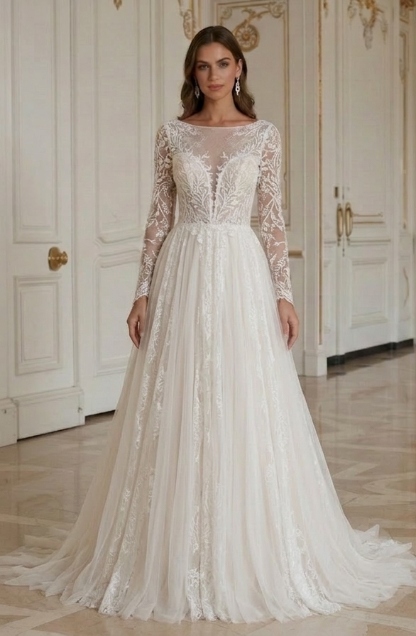 Rochie de mireasă din dantelă cu fustă fluidă