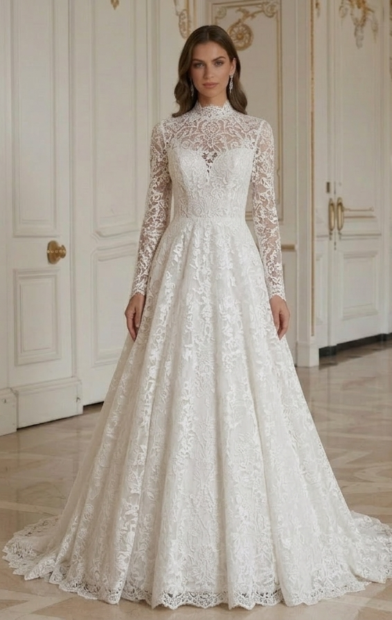 Rochie de mireasă din dantelă cu guler înalt, stil modest pentru mireasă