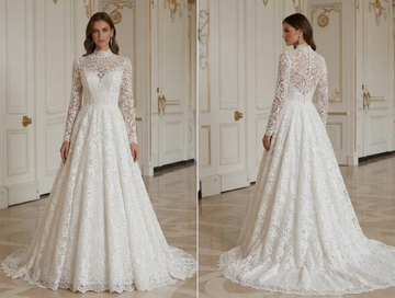 Robe de Mariée en Dentelle avec Col Montant Style Nuptial Modeste