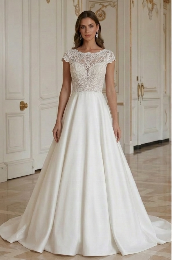 Rochie de mireasă din dantelă cu mâneci scurte din dantelă