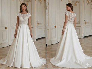 Robe de Mariée en Dentelle avec Manches Courtes en Dentelle
