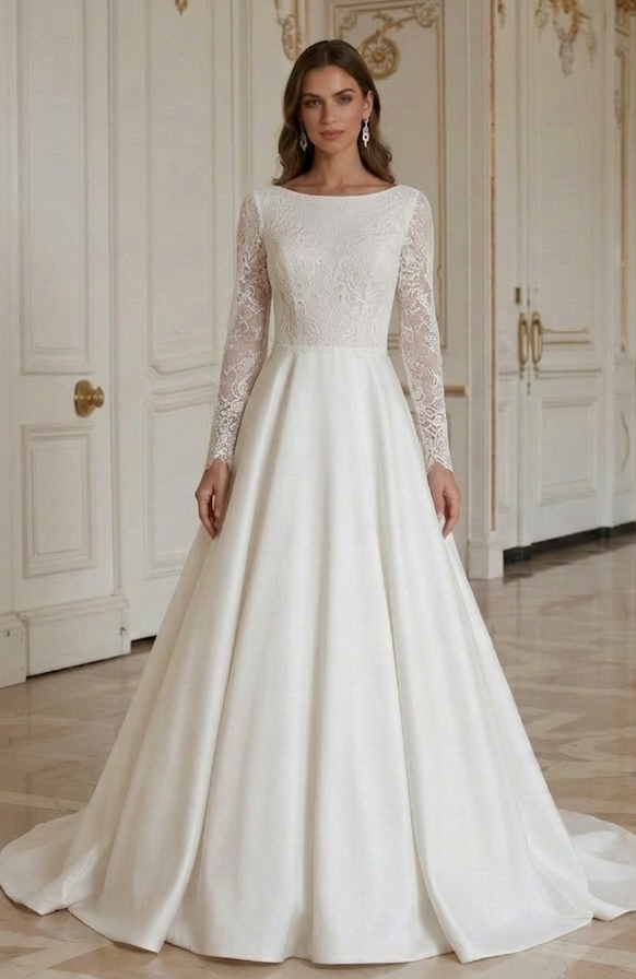 Rochie de mireasă din dantelă cu stil modern și minimalist