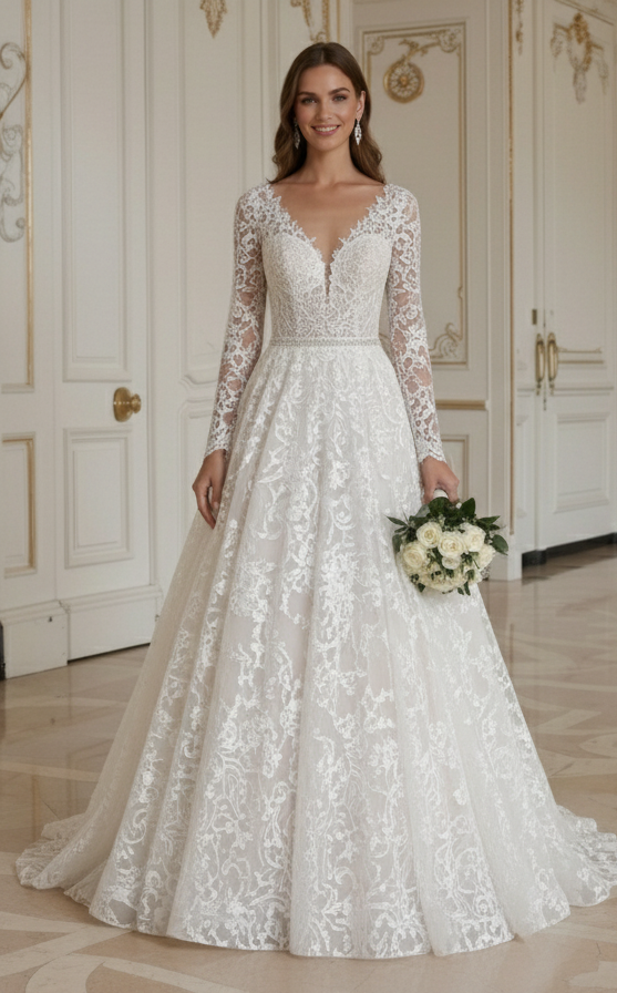 Rochie de mireasă din dantelă cu straturi de organza