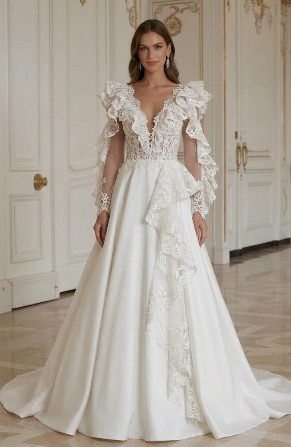 Rochie de mireasă din dantelă cu detaliu volan din dantelă