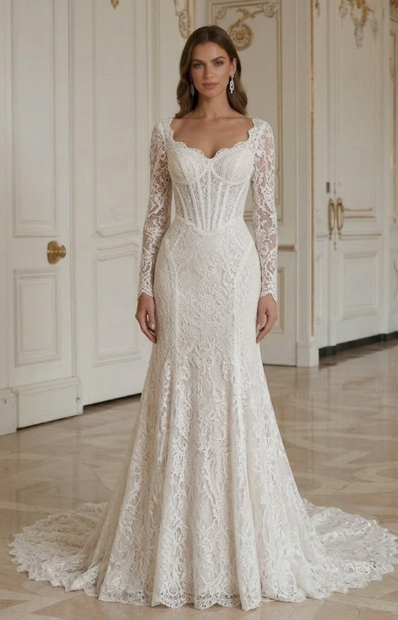 Rochie de mireasă din dantelă cu corset sculptat