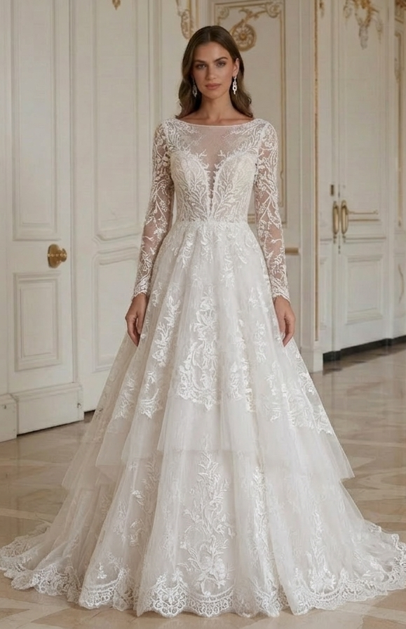 Rochie de mireasă din dantelă cu straturi moi de tul