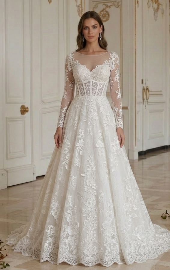 Rochie de mireasă din dantelă cu talie structurată