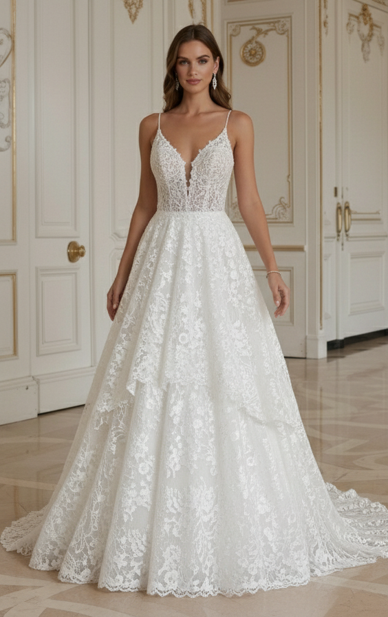 Rochie de mireasă din dantelă cu trenă, elegantă
