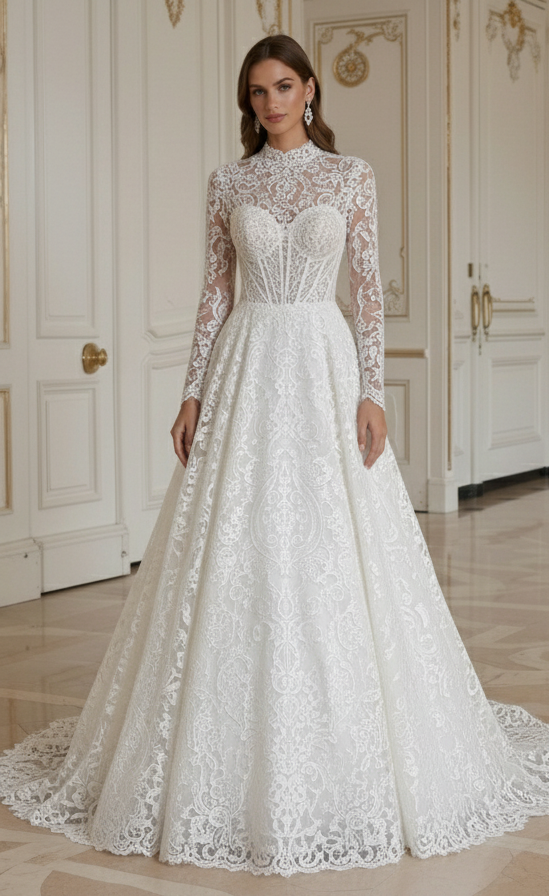 Rochie de mireasă din dantelă inspirată de stilul victorian