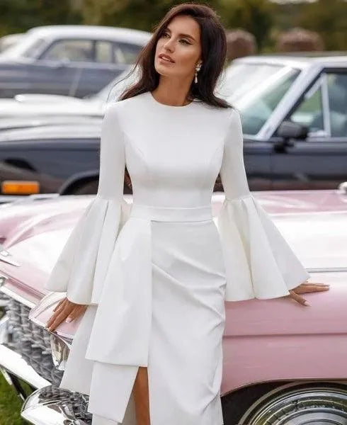 Simple O Neck Full Sleeves Satin Sheath Wedding Dresses Side Slit Pleat Custom Made Bridal Grown Rode Vestido De Noiva Champagne