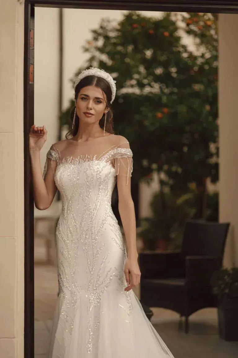 Serpentine-Mermaid Bridal Gown with Off-the-Shoulder Sleeves, Off-Shoulder Neckline, Embroidery Detailing, and Natural Waistline