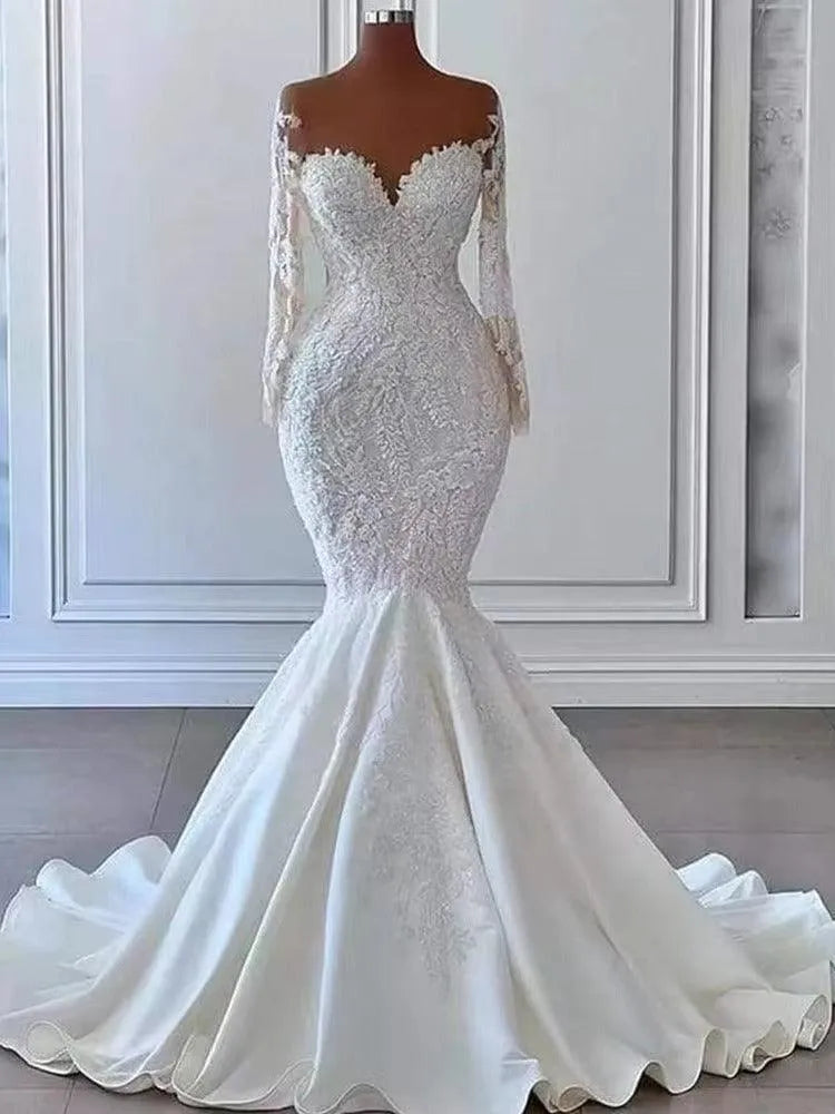 Chic Mermaid Wedding Dresses Women Elegant Sheer Long Sleeved Bridal Gowns Lace vestidos de novia Second Reception Dress Mermaid