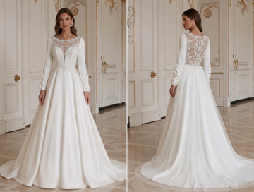 Rochie de mireasă cu mâneci lungi, croială în A, stil elegant de nuntă