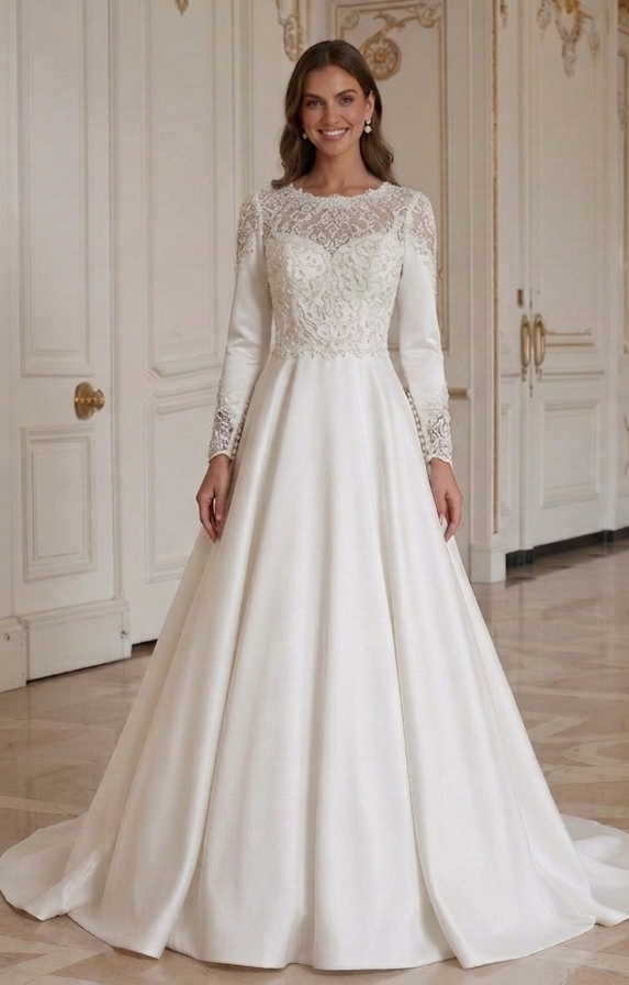 שמלת כלה עם שרוולים ארוכים לחתונה בכנסייה צנועה