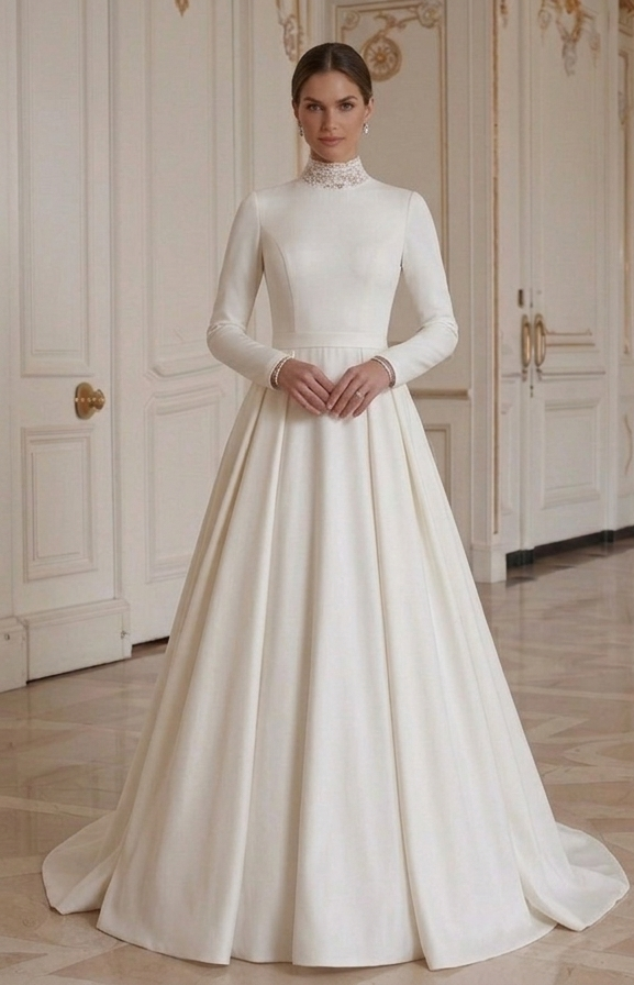 Langärmeliges Hochzeitskleid für bescheidene Braut