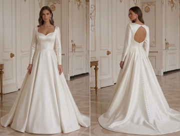 Vestido de novia de satén de manga larga, sencillo, elegante, para boda