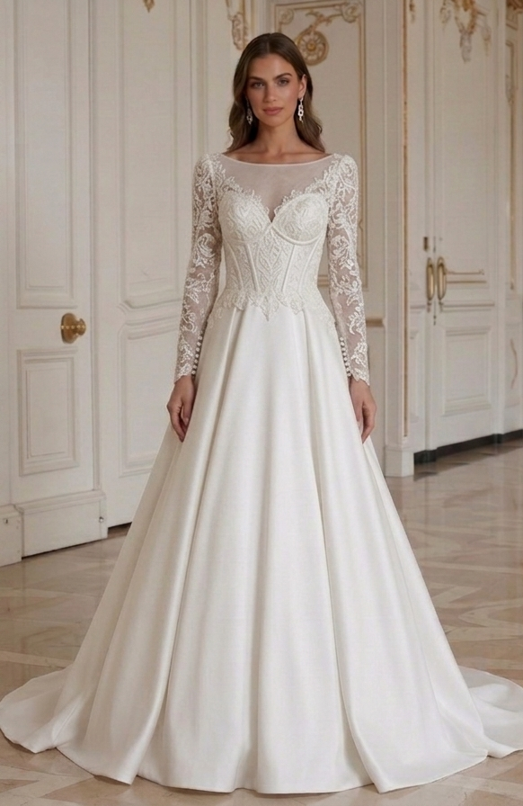 Abito da Sposa a Maniche Lunghe con Supporto Integrato