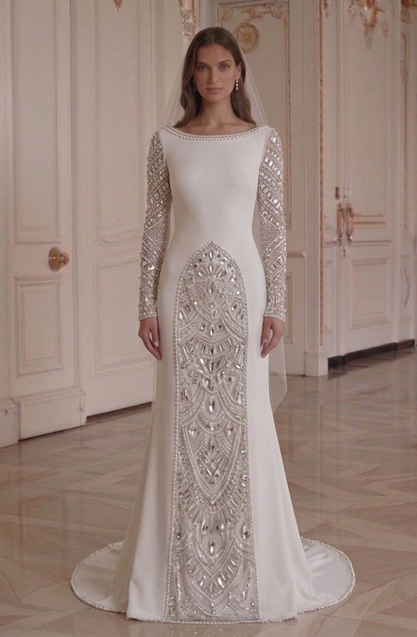 Abito da Sposa a Maniche Lunghe con Perline di Cristallo