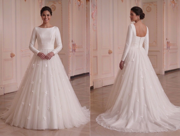 Long Sleeve Wedding Dress With High Waist Bridal