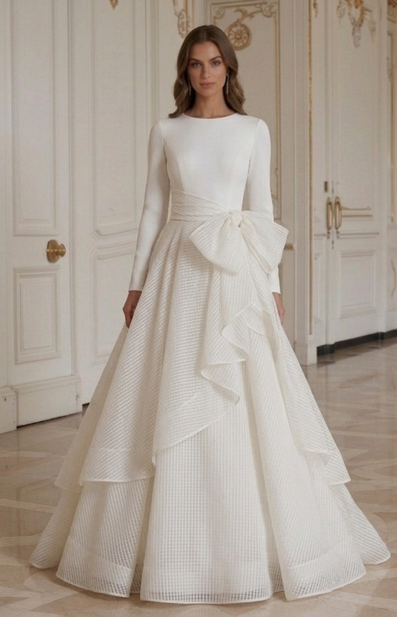 Bruidsjurk met lange mouwen en organza details