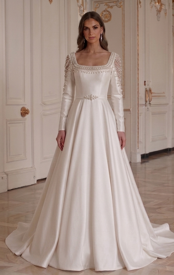 Abito da Sposa a Maniche Lunghe con Dettaglio di Perle