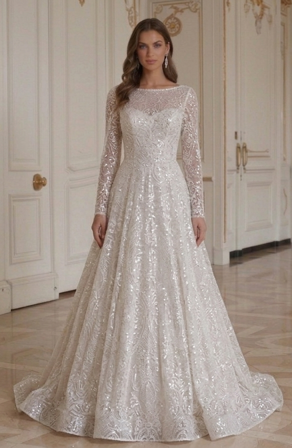 Abito da Sposa a Maniche Lunghe con Pizzo e Paillettes