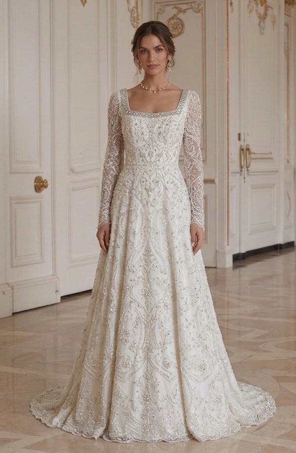 Long Sleeve Wedding Dress With Square Neck Bridal