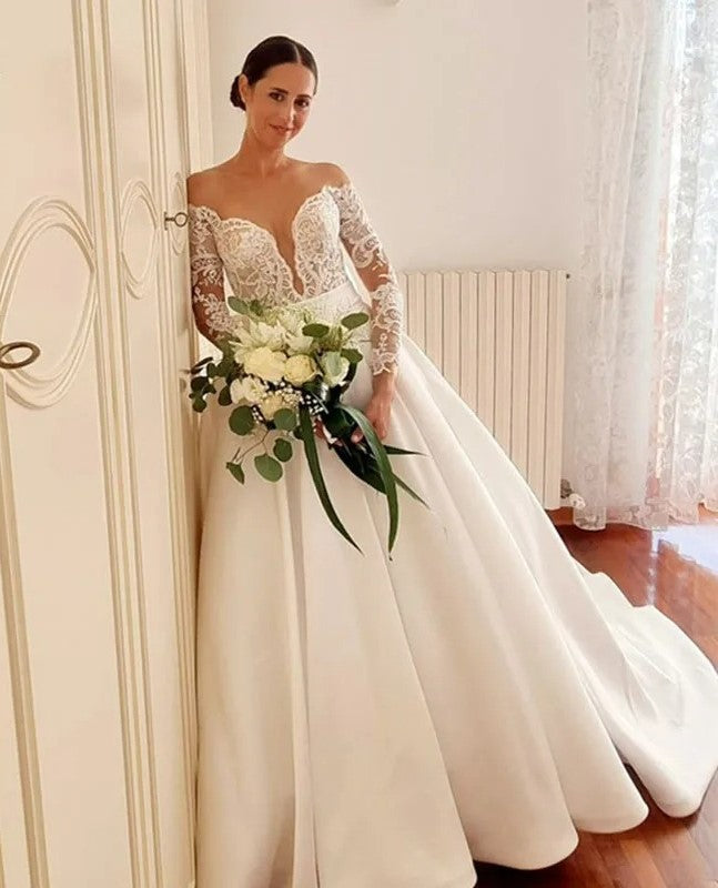 Lace Wedding Dress Satin A Line Long Sleeve Bridal Dress vestidos de novia Nude Sheer Princess Wedding Gowns