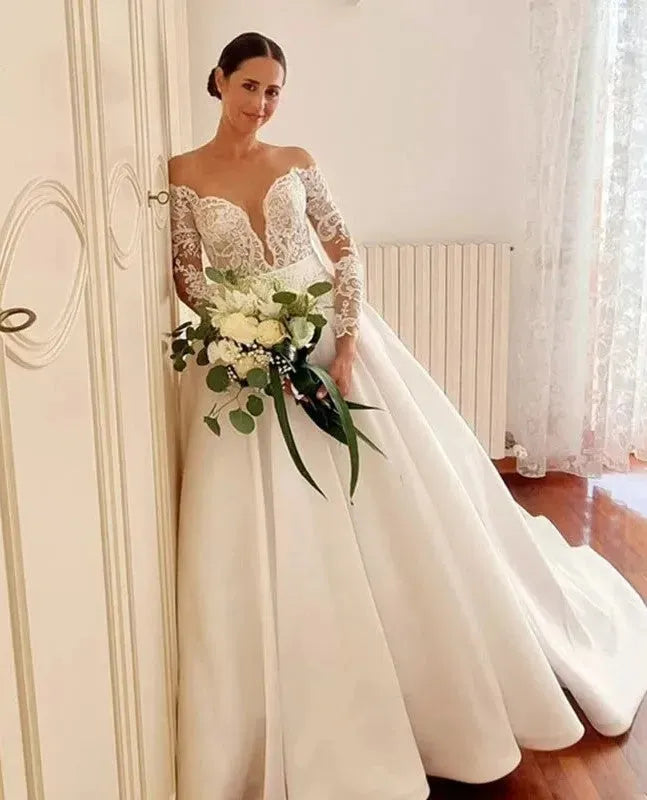 Lace Wedding Dress Satin A Line Long Sleeve Bridal Dress vestidos de novia Nude Sheer Princess Wedding Gowns Ivory