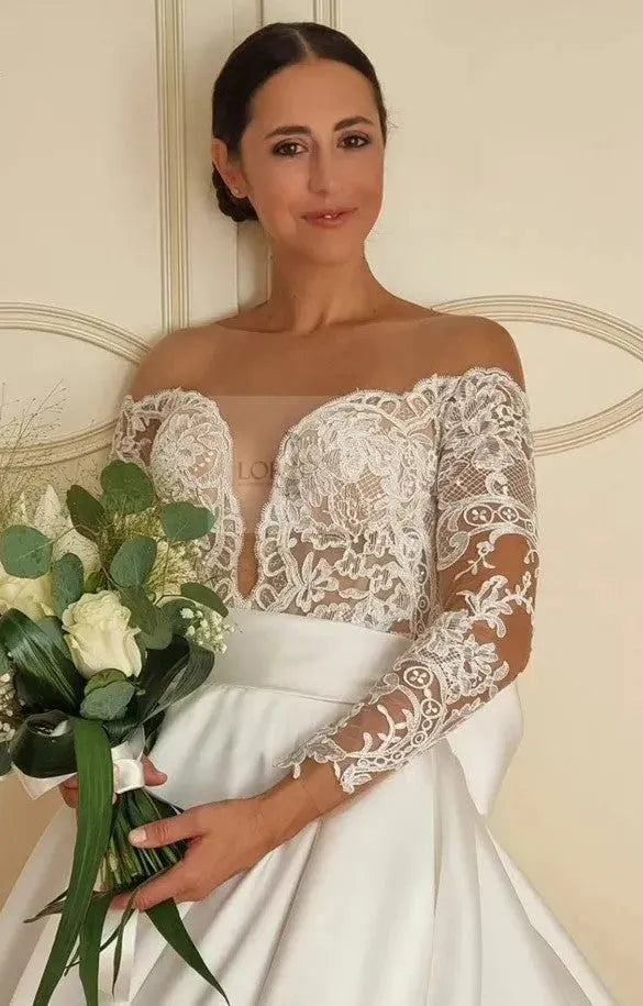 Lace Wedding Dress Satin A Line Long Sleeve Bridal Dress vestidos de novia Nude Sheer Princess Wedding Gowns Ivory