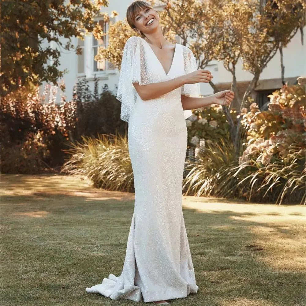 Yunshang Elegant Mermaid Wedding Dresses V-Neck Open Back Batwing Sleeves Sequins Bridal Gown Sweep Train Vestidos De Novia Mermaid