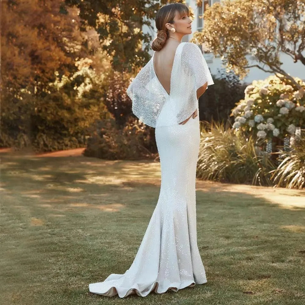 Yunshang Elegant Mermaid Wedding Dresses V-Neck Open Back Batwing Sleeves Sequins Bridal Gown Sweep Train Vestidos De Novia Mermaid