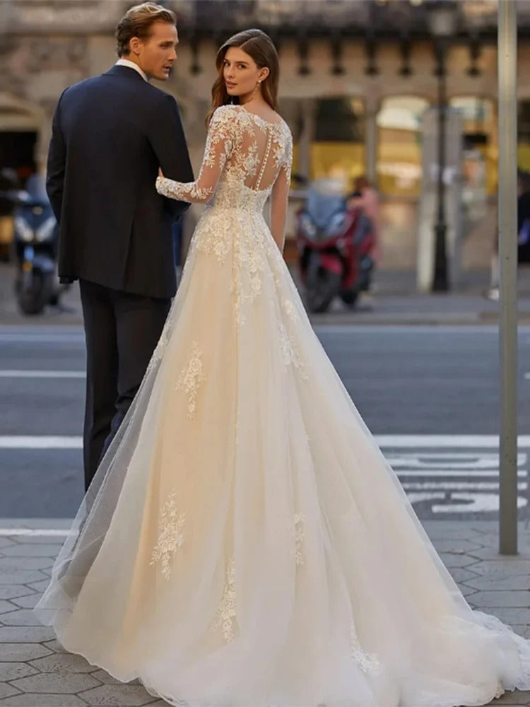 Luxury A Line V Neck Wedding Dresses For Women Long Sleeves Bridal Gowns Appliques Button Back Vestido De Novia