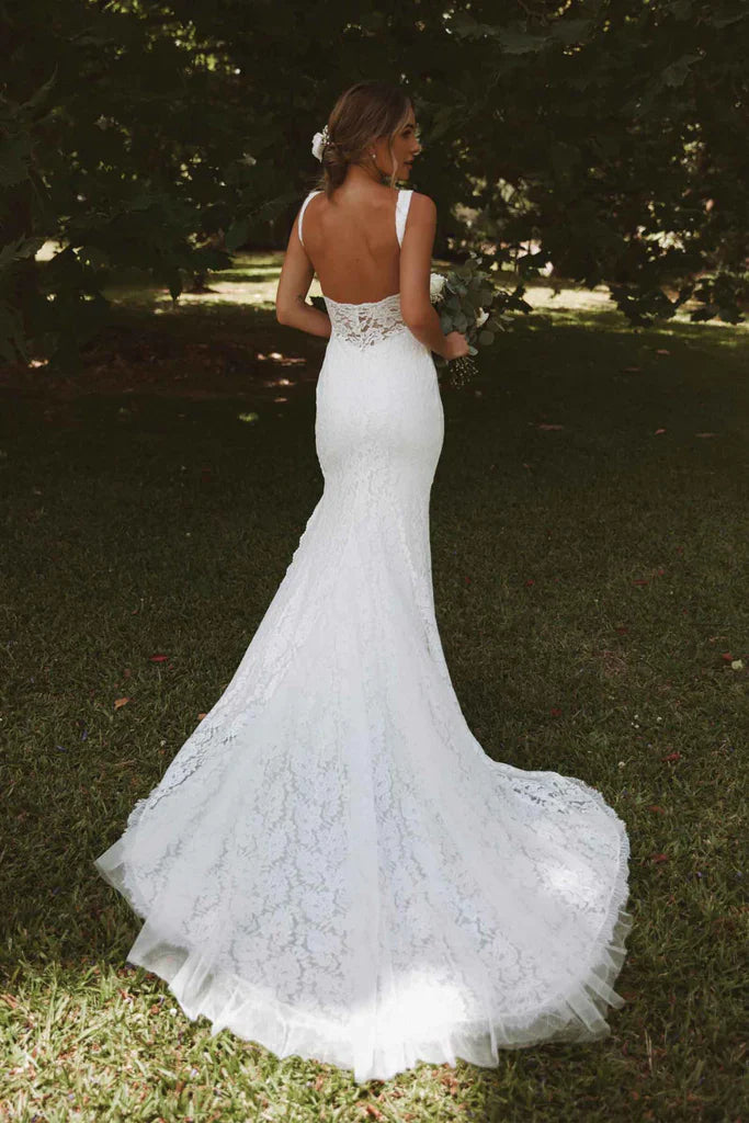 Deep V-Neck Sleeveless Lace Mermaid Wedding Dress Open Back High Side Slit Floor Length Bridal Gown Custom Made