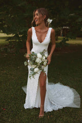 Deep V-Neck Sleeveless Lace Mermaid Wedding Dress Open Back High Side Slit Floor Length Bridal Gown Custom Made