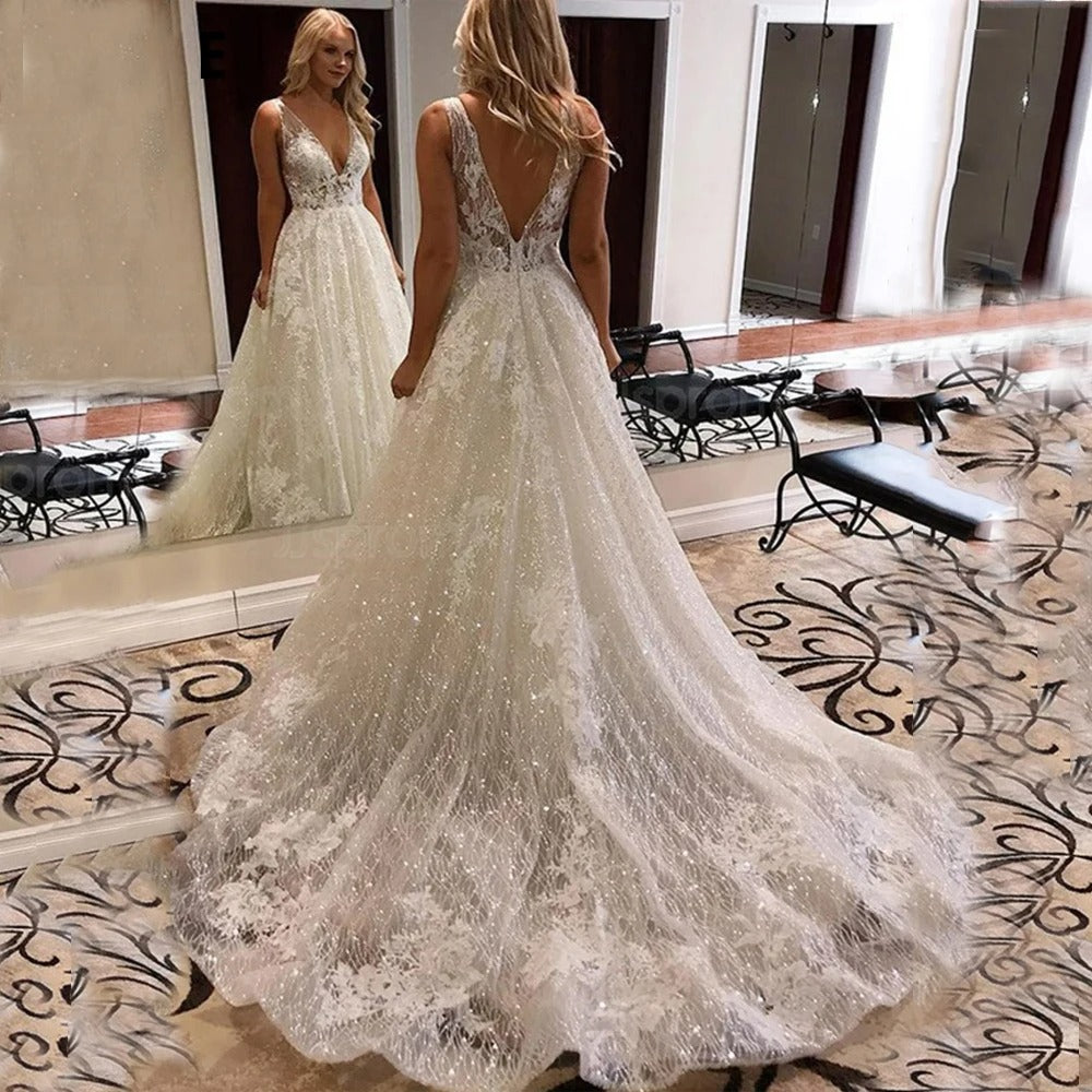 Ivory Lace Glitter Wedding Dresses Shiny Tulle Beach Bridal Dresses Boho Elegant Wedding Party Gowns Open Back Long Train