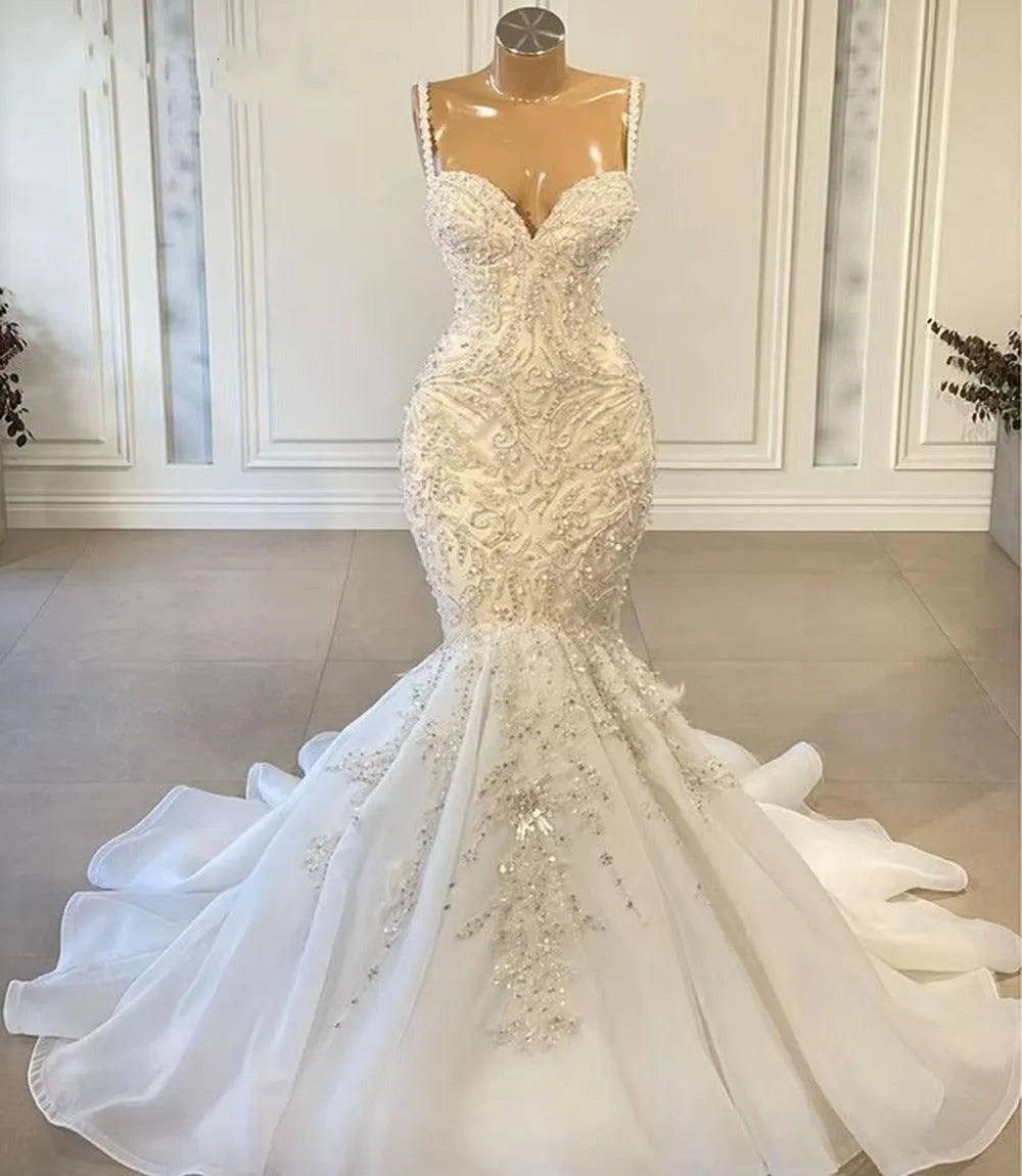 Luxury Mermaid African Women Wedding Dresses Beaded Embroidery Sexy White Vintage Lace Organza Bridal Wedding Gown Mermaid