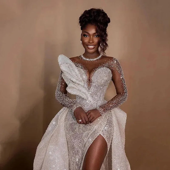 African Luxury Full Beaded Side Slit Wedding Dress Leaf Design Detacha