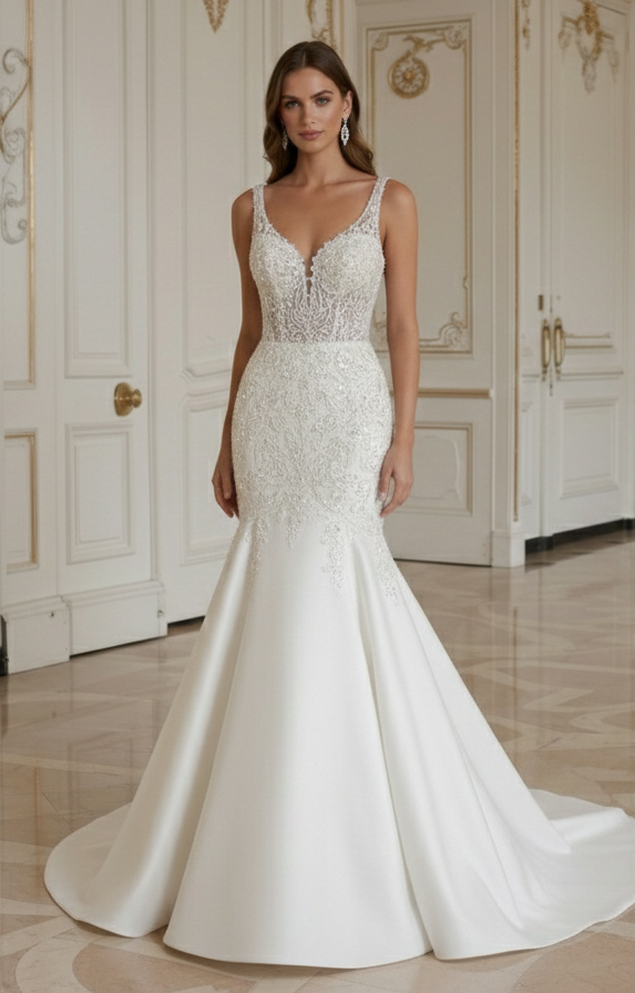 Vestido de Noiva Sereia Luxuoso Corpete Bordado Estilo Alta-Costura