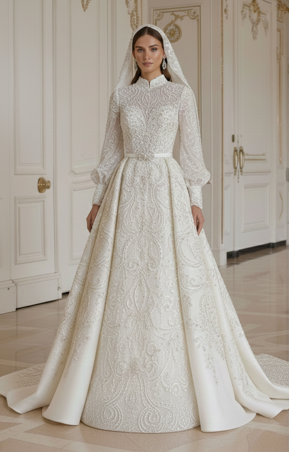 Vestido de Noiva Muçulmano de Luxo Inspirado na Alta-Costura