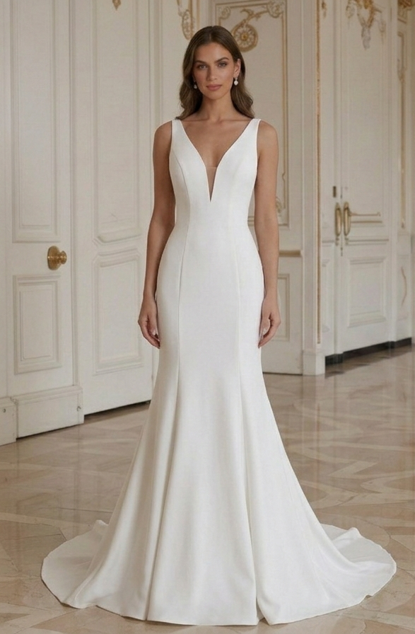 Vestido de Noiva Sereia Decote Profundo em V Sem Mangas