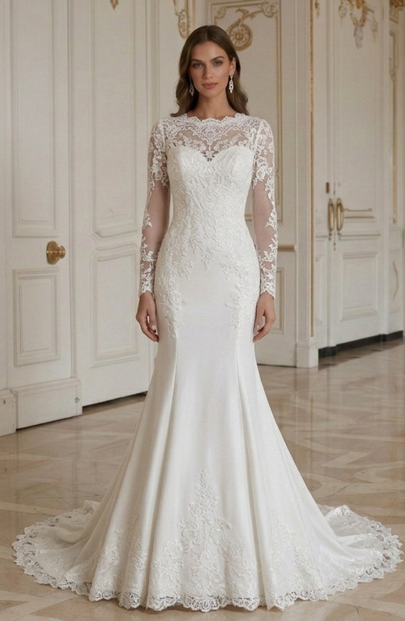 Vestido de Noiva Sereia Para Casamento na Igreja Decote Alto Modesto