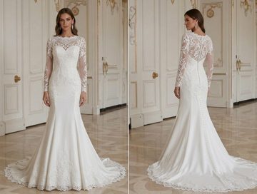 Rochie de mireasă sirenă pentru nuntă la biserică Guler înalt modest