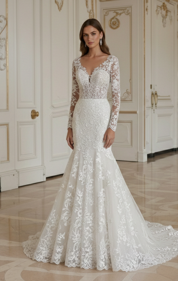 Vestido de Noiva Sereia Para Cerimónia no Jardim Renda Floral
